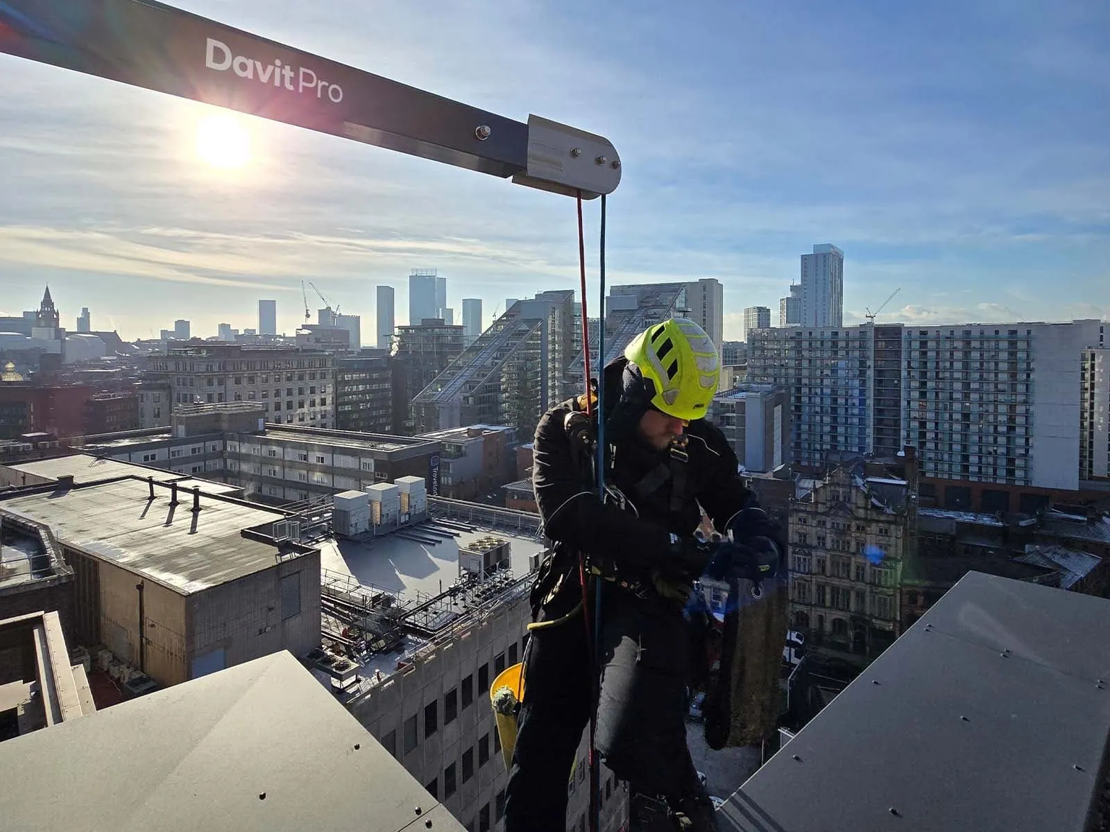 Davit arm system installed for safe vertical access and confined space entry