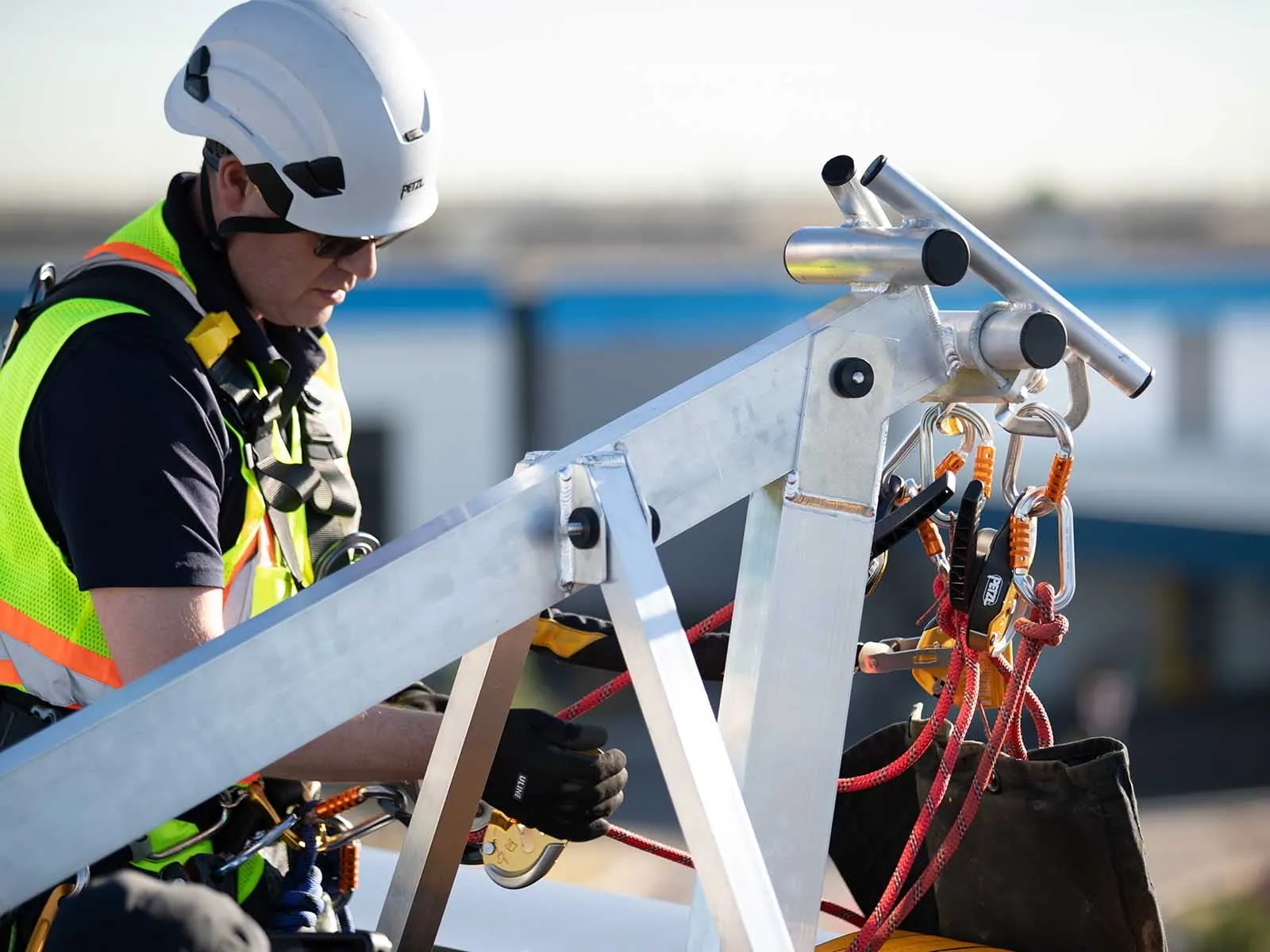 Fall protection system installed for safe access to building facade during maintenance