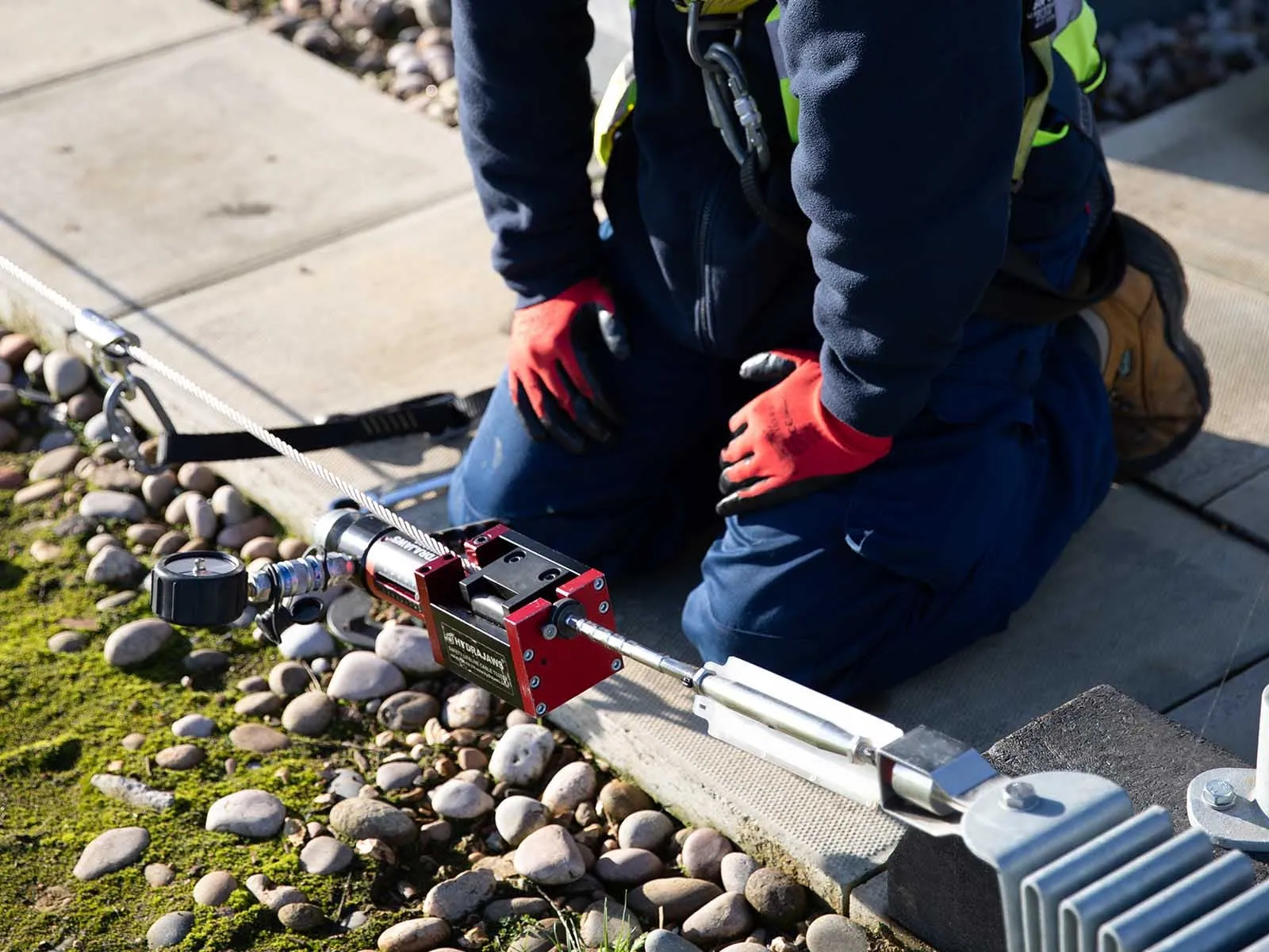 Horizontal lifeline system installed for continuous fall protection on rooftop
