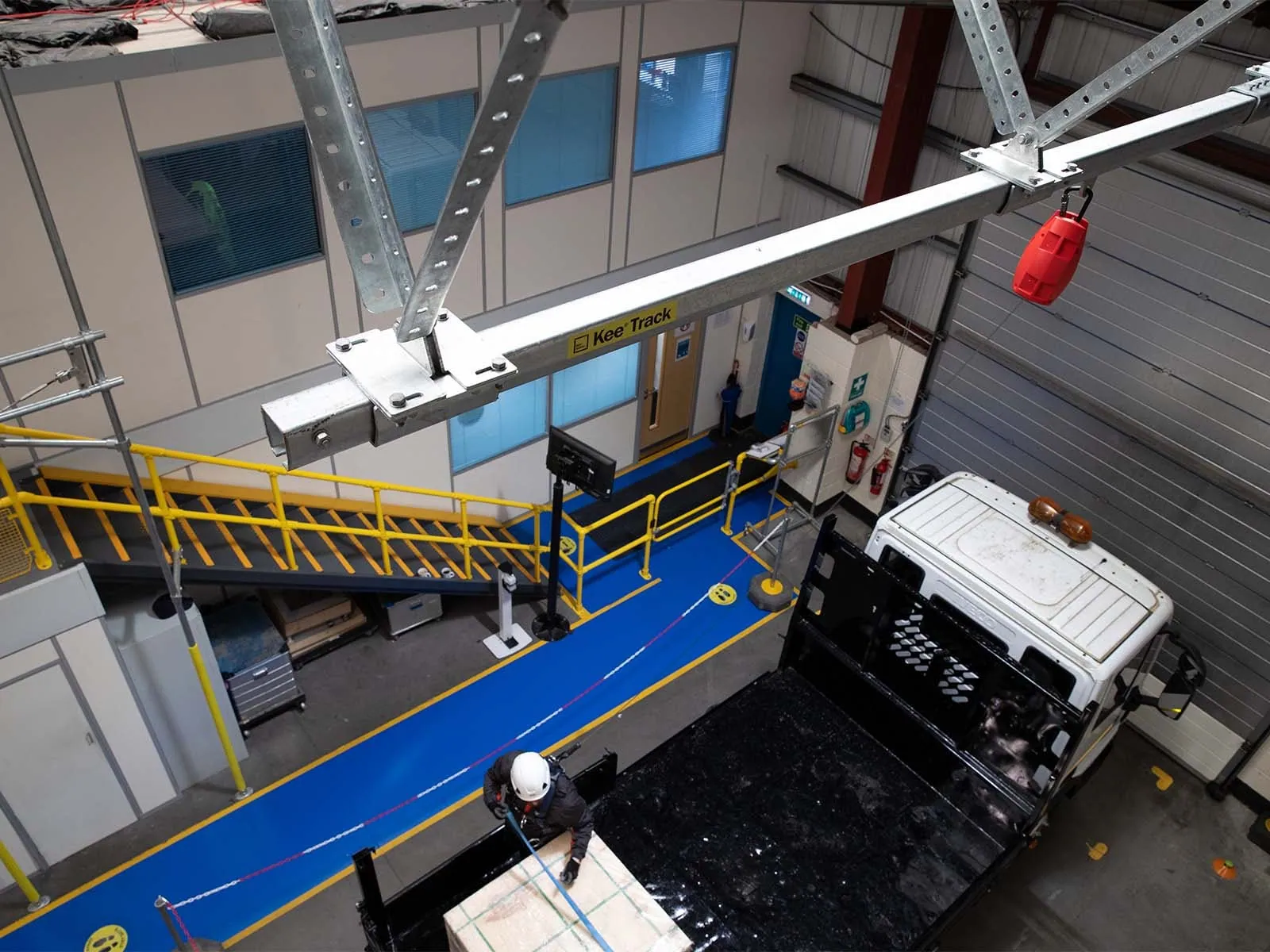 Overhead lifeline system installed for fall protection in industrial facility