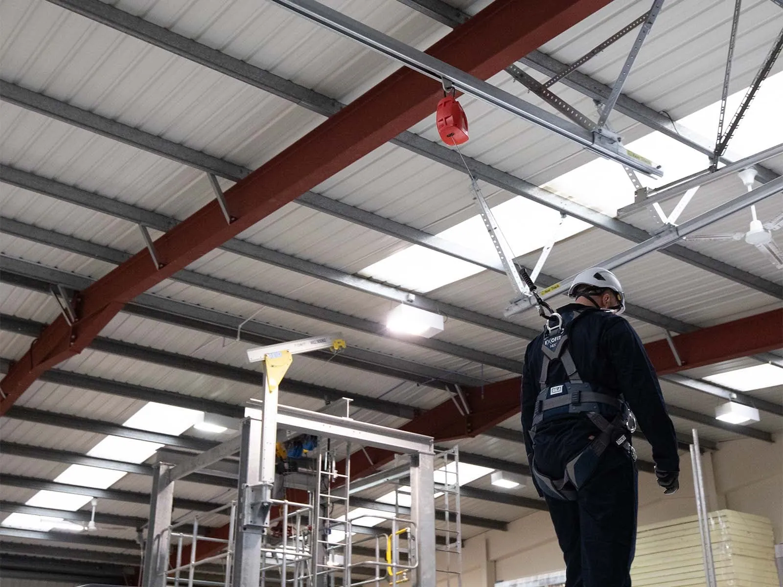 Overhead lifeline system installed for fall protection in industrial facility