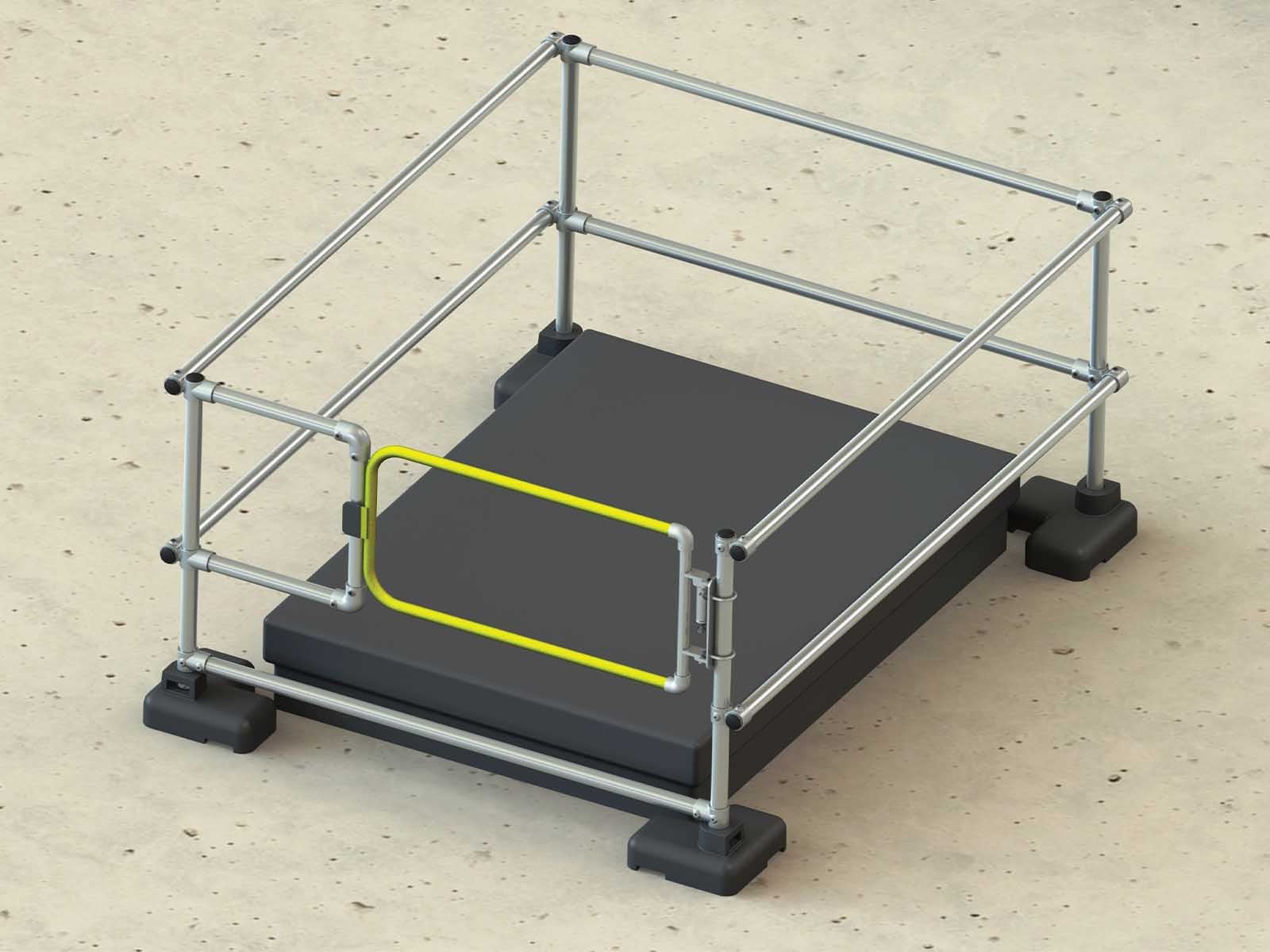 Guardrail system installed around roof hatch to prevent fall hazards