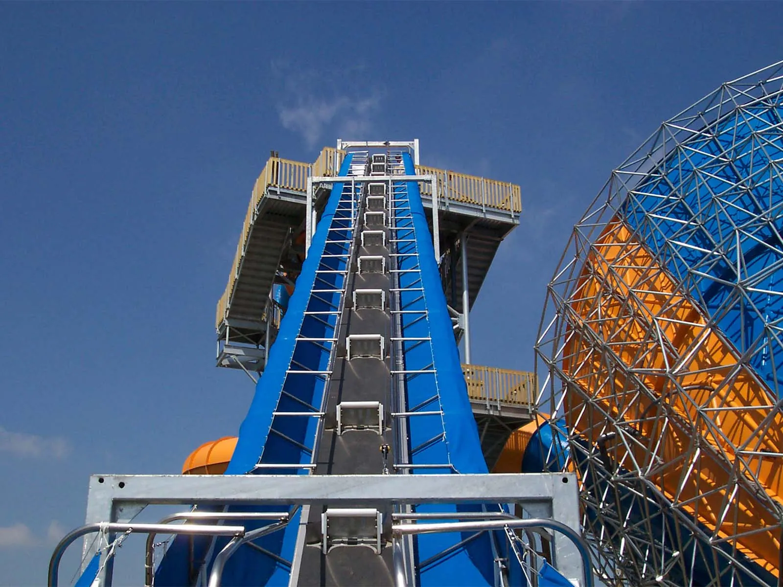 Fall protection system installed for maintenance access in theme park attraction