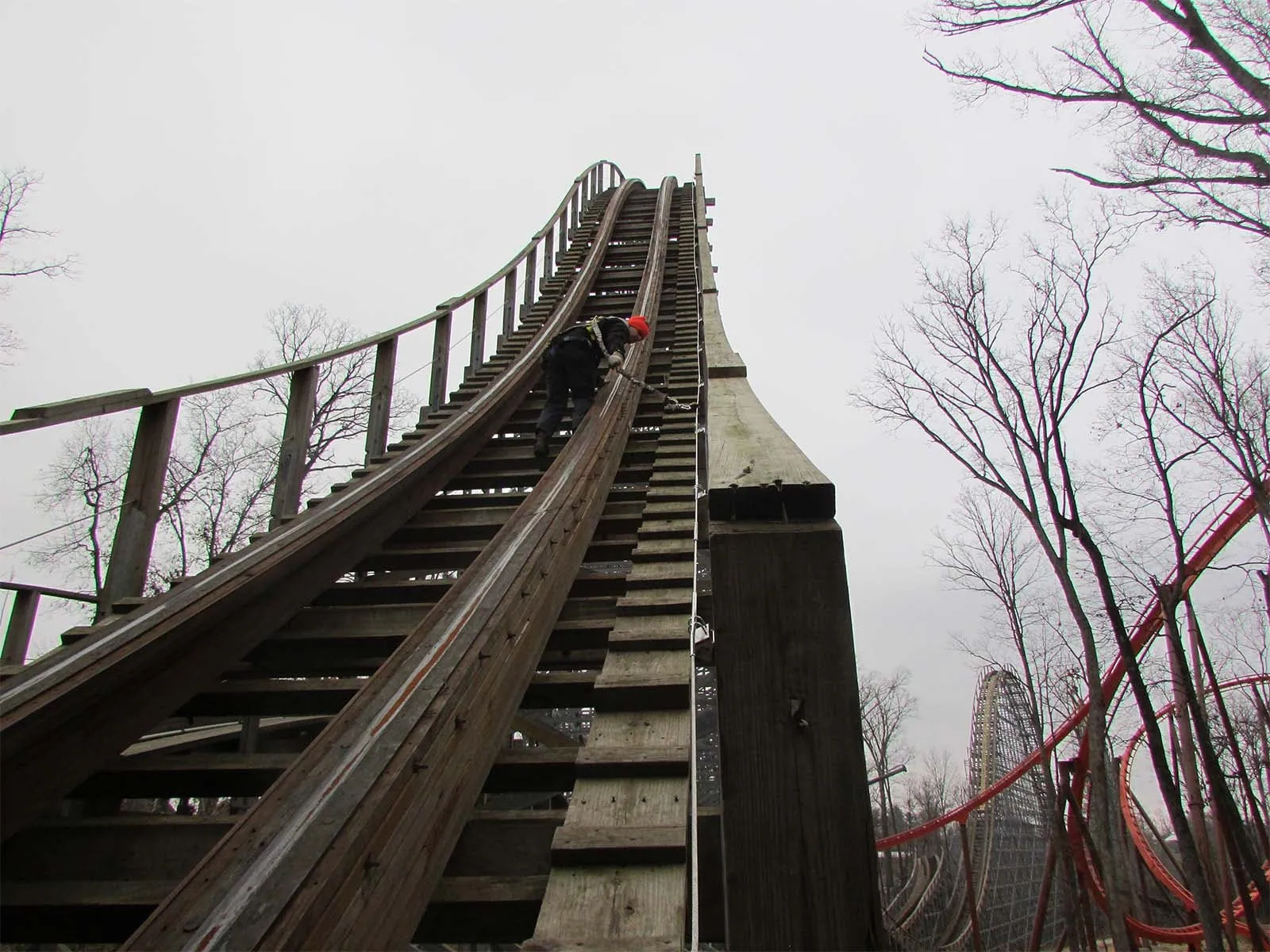 Fall protection system installed for maintenance access in theme park attraction