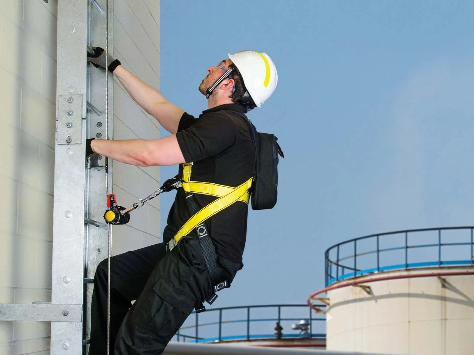 Latchways LadderLatch vertical lifeline system installed for safe ladder climbing