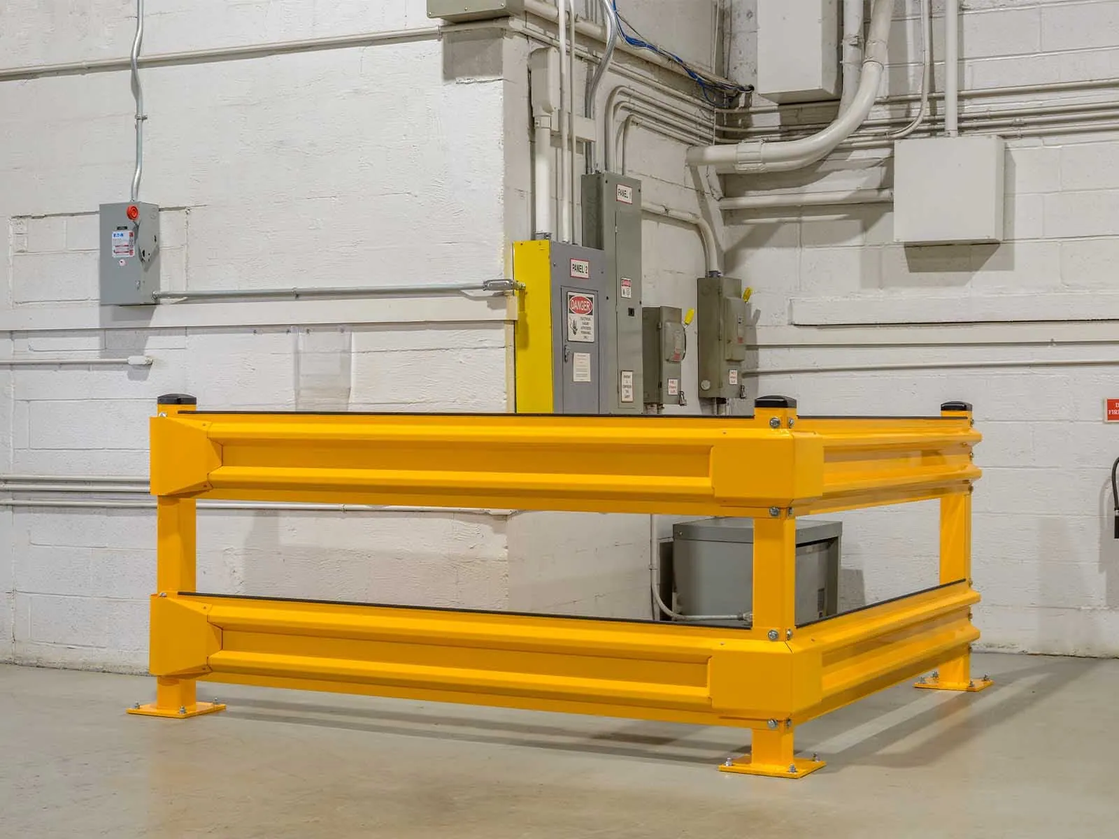 Warehouse traffic barriers installed to protect pedestrians and equipment in busy warehouse environment