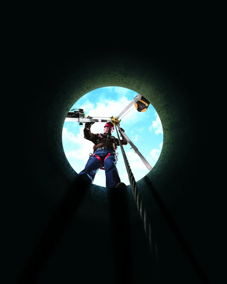 View from inside a confined space looking up at a worker operating a rescue davit at the entry