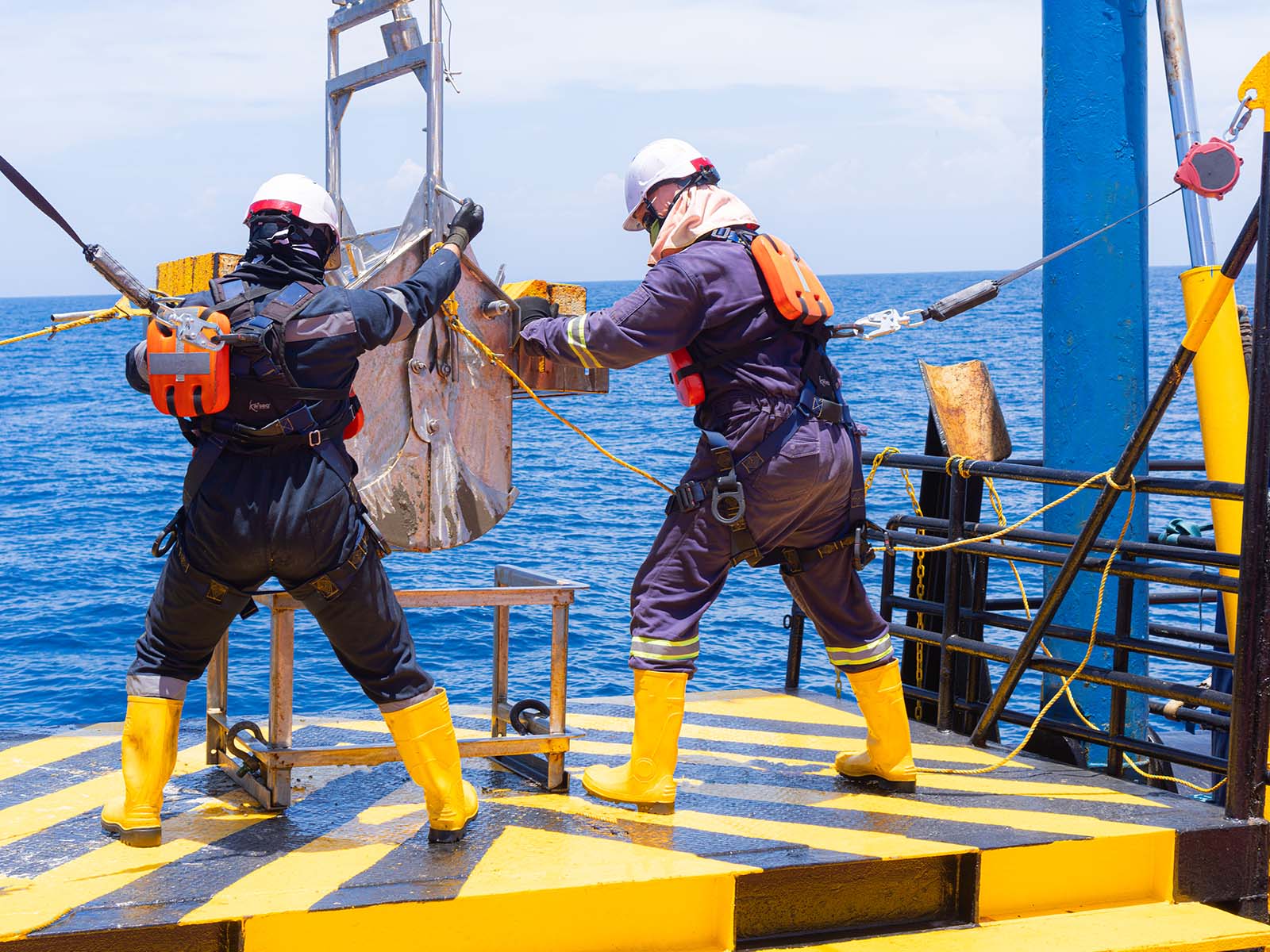 Fall protection system installed on marine vessel for safe access during operations
