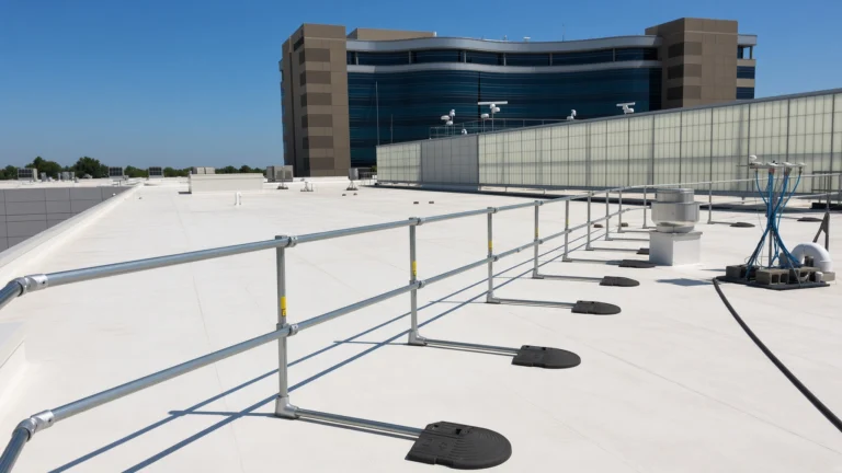 Yellow counterweighted guardrail along a large flat roof