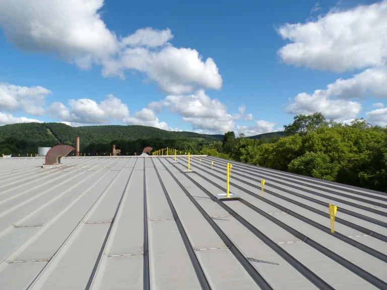 Yellow warning line stanchions and flags along a standing-seam metal roof with hills behind